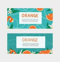 Set of horizontal banner, label templates for orange fruit juice, aromatherapy or citric product with slice of grapefruit and blossom flowers and leaves. Vector colored illustration for advertisement.