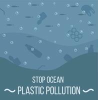 Ocean with aquatic animals and plastic garbage floating in water. Environmental issue or ecology problem of marine pollution, rubbish in sea. Vector illustration in flat cartoon style.