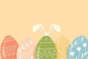 Festive banner template with decorated eggs on yellow background and bunny rabbit ears. Easter colored symbols with various ornament. Flat vector illustration for spring religious holiday celebration.