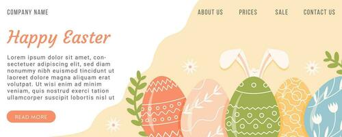 Festive web banner template with decorated eggs on yellow background and bunny rabbit ears. Easter colored symbols with various ornament in pastel colors. Flat vector illustration for spring holiday.