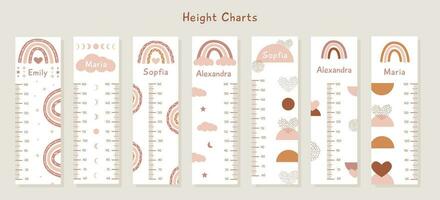 Big Vector Set of kids height charts with abstract boho shapes and rainbows in terracotta colors. Meter wall with trendy design. Children growth chart. Bohemian earthy celestial elements for nursery.