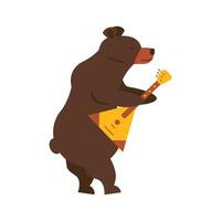 Russian national traditional symbol and mascot playing classic folk musical instrument balalaika. Brown bear flat vector illustration. Folklore fairytail story animal isolated on white background.