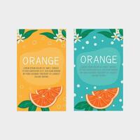 Set of vertical banner, label templates for orange fruit juice, aromatherapy or citric product with slice of grapefruit and blossom flowers and leaves. Vector illustration for advertisement, promotion