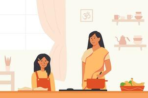 indio madre y niño en moderno cocina. bonito joven dama o mujer en tradicional amarillo sari y niña Cocinando juntos a hogar. moderno interior en antecedentes. vector plano ilustración.