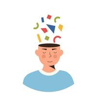 Person with complicated thoughts and feelings. Character thinking, planning and solving problems or puzzle in mind. Psychological concept. Autistic person, different creative mind. Vector illustration