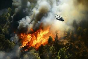 ai generado helicóptero extingue un fuego en el bosque. ver desde arriba. helicóptero supera bosque infierno. valiente bomberos detener natural desastre y salvar naturaleza foto