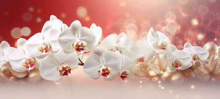 AI generated White orchids bouquet on light red pink background with glitter and bokeh. Banner with copy space. Perfect for poster, greeting card, event invitation, promotion, advertising, print photo