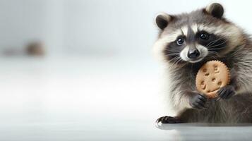 AI generated Raccoon with wide eyes, clutching a cookie. On light background. With copy space. Sweet Bandit. Cute animal. Suitable for comedic content or illustrating food attraction. Banner, poster photo