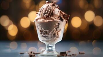 AI generated Chocolate ice cream topped with chocolate pieces in transparent glass on dark blurred background with bokeh. Ideal for dessert menus, food blogs, advertisements, magazines, recipe books. photo