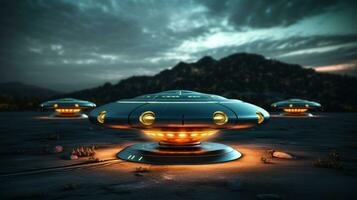 AI generated Illuminated UFOs close up, against a mountainous backdrop under a stormy sky. Futuristic alien spaceships. Suitable for science fiction or paranormal themes. photo