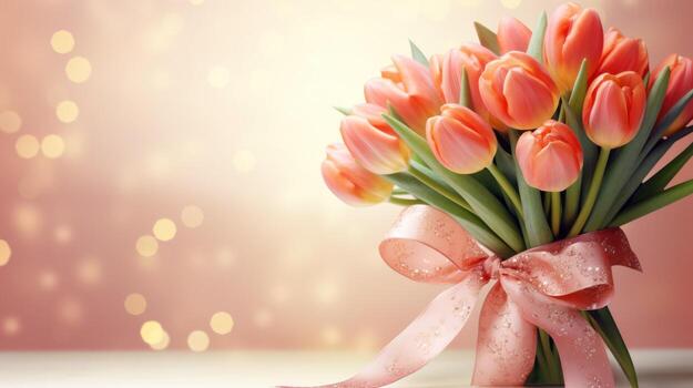 AI generated Peach pink tulips bouquet with ribbon bow on light background with bokeh. Banner with copy space. Perfect for poster, greeting card, event invitation, promotion, advertising, print photo
