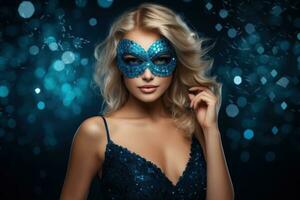 AI generated Young elegant glamorous blonde with bright makeup in a blue masquerade mask and sequin dress on a sparkling blue background. Ideal for fashion, event promotions, or luxury content photo
