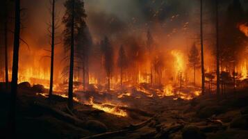 AI generated Wildfire. Forest Fire Causes Massive Destruction. Forest Engulfed in Flames. Disaster. Ecological catastrophe. Burning trees and orange smoke. For awareness campaigns on fire safety photo