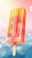 AI generated Close up of multicolored fruit ice cream against a bright backdrop. Yummy Ice lolly. Vertical format. Great for dessert menus, food blogs, advertisements, magazines, recipe books photo