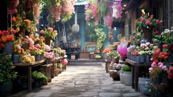 AI generated Modern street floral bazaar on Asian style. Variety of fresh, vibrant flowers displayed for sale at an outdoor market. Ideal for floral business promotions or advertisements. Horizontal photo