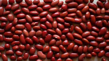 AI generated Close up of red kidney beans evenly scattered on table. Top view. Background texture of uncooked kidney beans. Copy space. Can be used in food and nutrition related content photo