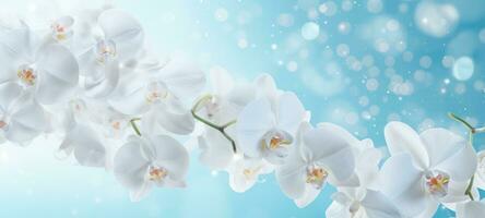 AI generated White orchids bouquet against sparkling blue background with bokeh. Banner with copy space. Ideal for poster, greeting card, event invitation, promotion, advertising, print, photo