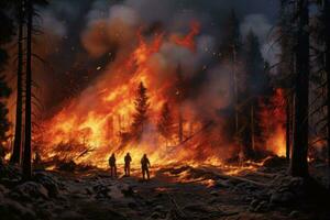 AI generated Firefighters Battling Forest Fire, surrounded by flames and smoke. Ideal for emergency services and disaster response visuals photo