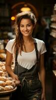 AI generated Bakery worker in an apron and white shirt near a table with bread on blured bakery interior background. Young woman smiles. Vertical format photo