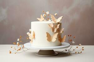 AI generated White Tiered Cake with Golden Butterflies Against a Neutral Backdrop. Ideal for Perfect for Weddings, Anniversaries or other Special Occasions photo