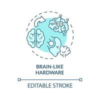 2D editable blue brain like hardware icon, monochromatic isolated vector, thin line illustration representing cognitive computing. vector