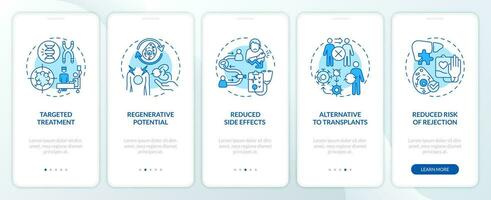 2D icons representing cell therapy benefits mobile app screen set. Walkthrough 5 steps blue graphic instructions with line icons concept, UI, UX, GUI template. vector