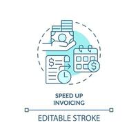 2D editable blue speed up invoicing icon, monochromatic isolated vector, thin line illustration representing cash flow management. vector