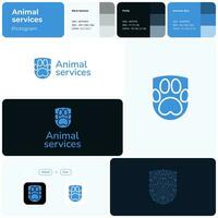 Dog walking service blue glyph business logo. Brand name. Professional expertise value. Paw print and shield simple icon. Design element. Visual identity. Suitable for website vector