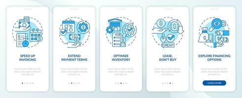 2D icons representing strategies for improving cash flow monochromatic mobile app screen set. Walkthrough 5 steps blue graphic instructions with linear icons concept, UI, UX, GUI template. vector