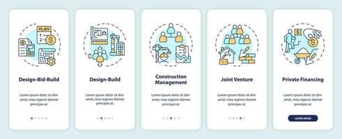 2D icons representing construction cost mobile app screen set. Walkthrough 5 steps colorful graphic instructions with line icons concept, UI, UX, GUI template. vector