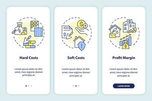 2d íconos representando construcción costo móvil aplicación pantalla colocar. recorrido 3 pasos multicolor gráfico instrucciones con Delgado línea íconos concepto, ui, ux, gui modelo. vector