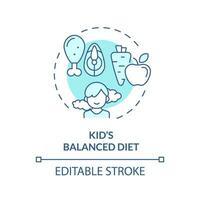 2D editable thin line icon kids balanced diet concept, isolated monochromatic vector, blue illustration representing parenting children with health issues. vector