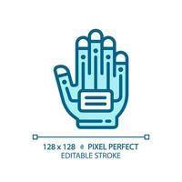 2D pixel perfect editable blue haptic glove icon, isolated monochromatic vector, thin line illustration representing VR, AR and MR. vector