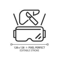 2D pixel perfect editable black futuristic device and VR goggles icon, isolated simple vector, thin line illustration representing VR, AR and MR. vector