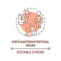 2D editable thin line icon kids gastrointestinal issues concept, isolated monochromatic vector, red illustration representing parenting children with health issues. vector