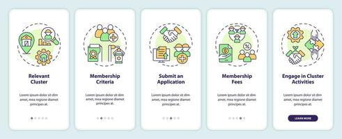 2D icons representing become member of agro-food cluster mobile app screen set. Walkthrough 5 steps colorful graphic instructions with thin line icons concept, UI, UX, GUI template. vector