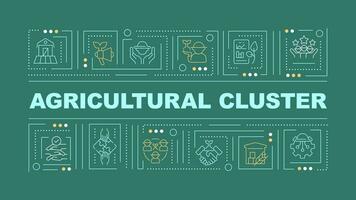 2D agricultural clusters text with various creative thin linear icons concept on dark green monochromatic background, editable vector illustration.