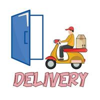 courier in motorbike with box delivery  in home customer illustration vector