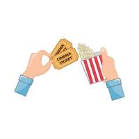 palomitas de maiz con boleto cine en mano ilustración vector