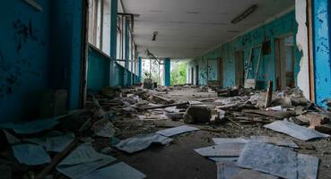 inside a destroyed school in Ukraine photo