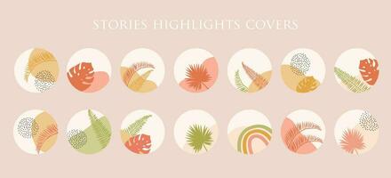 Tropical Bohemian Summer Set of abstract story highlight cover in bright color. Trendy boho hand drawn doodle shapes, palm and blob in contemporary style. Modern flat vector round social media stories