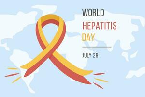 Concept of hepatitis A, B, C, D, cirrhosis, world hepatitis day. Web Horizontal Banner Template with world map, virus and colored red and yellow ribbon. Medical poster for Viral Hepatitis. Vector. vector