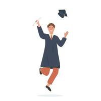 Happy caucasian student jumping, throwing a cap and holding diploma. Smiling academic man in bachelor apparel celebrating graduation. Vector flat Joyous cartoon character isolated on white.