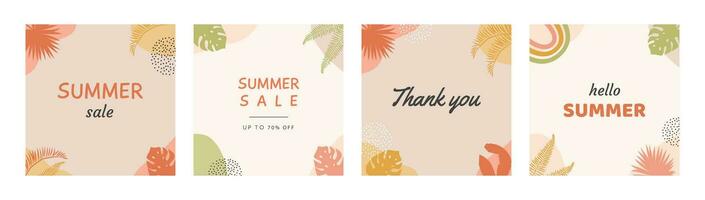 Set of modern summer story template design in pastel earthy colors. Vertical banner with Abstract geometrical shapes and tropical leafs in boho style. Vector flat illustration for ad on social media.