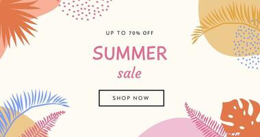 Colorful summer banner with tropical leaves. Trendy abstract horizontal poster template with palm and geometric element pattern. Modern summer sale background design, discount voucher, ad. Vector flat