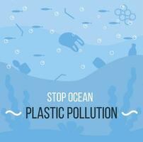 Ocean with aquatic animals and plastic garbage floating in water. Environmental issue or ecology problem of marine pollution, rubbish in sea. Vector illustration in flat cartoon style.