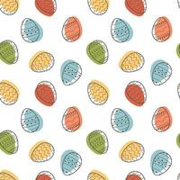 Square greeting card Happy Easter with decorated eggs on white background. Festive banner template with trendy outlined geometric pattern with black line on Easter Eggs. Flat Vector illustration.
