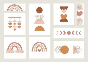 Set of different size posters with boho rainbows and abstract contemporary aesthetic background with geometric balance shapes. Earth tones, terracotta colors. Vector decorative cards for baby nursery.