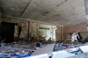 destroyed and burned school in the city Russia Ukraine war photo