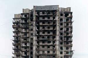 destroyed and burned houses in the city Russia Ukraine war photo